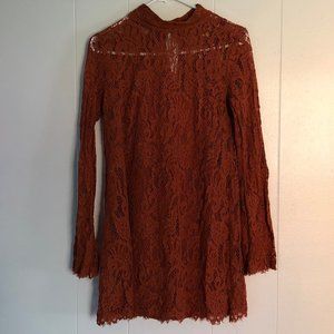 burnt orange, orange, dress, mini, sheer, crochet